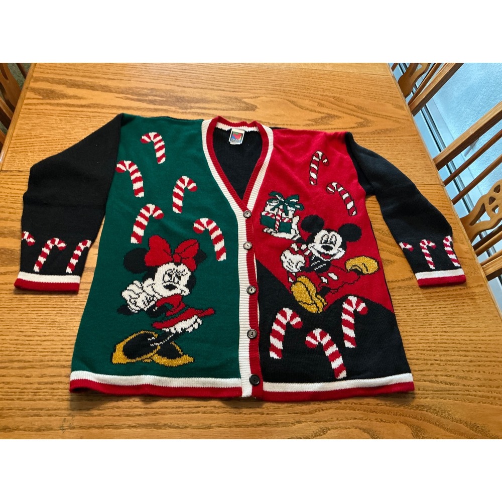 Vintage Mickey Unlimited Disney Christmas Cardigan Sweater Red Green Grande L